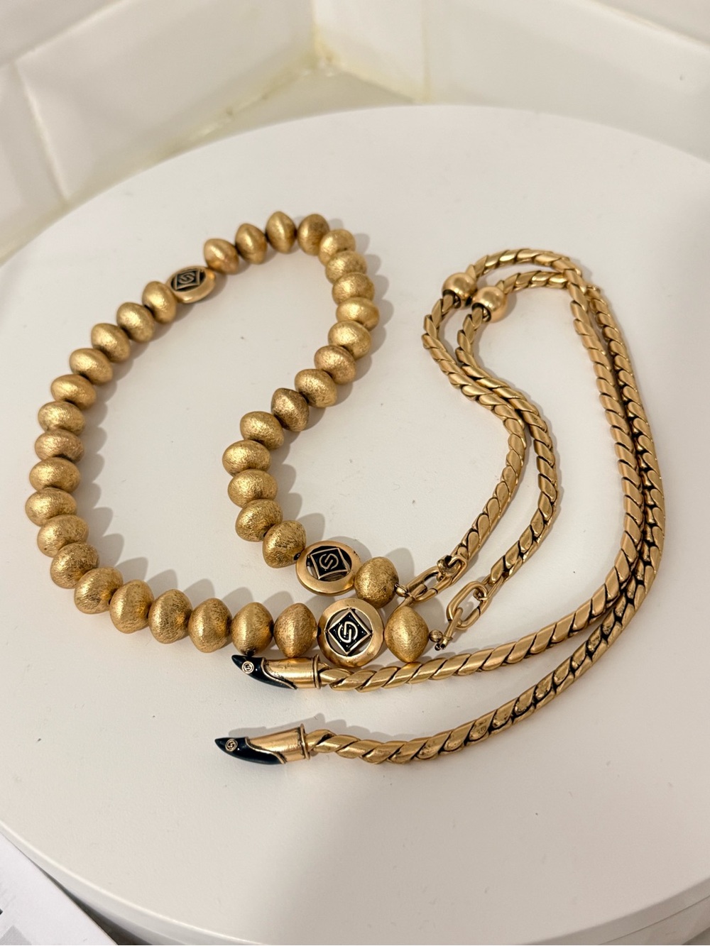 Designer Gold Beaded Necklace with Chain Accents